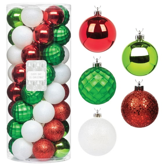 Every Day is Christmas 50ct 57mm/ 2.24' Christmas Ornaments, Shatterproof Christmas Tree Ornaments Set, Christmas Balls Decoration (Green, Red, White)