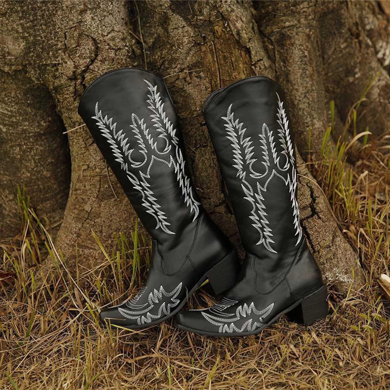 Chaussures Biker Style Western Bottes Moto Équitation Homme TICTICLILY - PU Cuir Vintage - Broderie Western - Bout Carré - Mi-Mollet Chaussures Biker Style Rétro