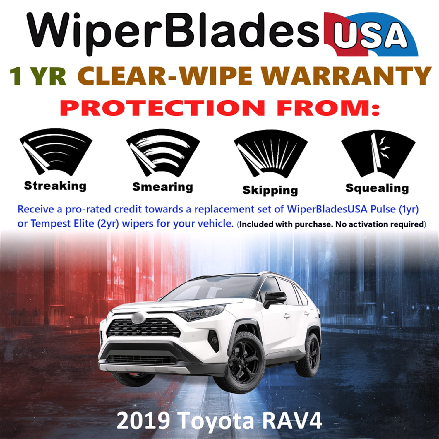2019 Toyota RAV4 Beam Wiper Blades Wipers w/1yr Warranty (Set of 3) w/Rear Wiper (WiperBladesUSA)