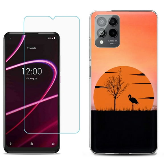 Slim-Fit Gel TPU Phone Case for T-Mobile Revvl 6 Pro 5G, with Tempered Glass Screen Protector, by OneToughShield ® - Sunset Flamingo