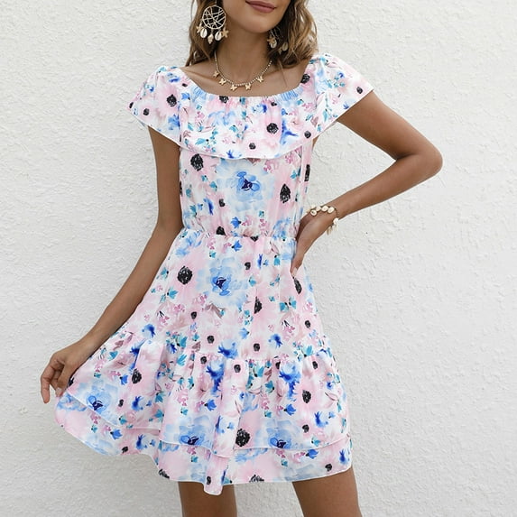 HIMIWAY Summer Dresses for Women 2023 Fashion Women Spring and Summer Printing Irregularity Short Sleeve Tunic Dresses Sun Dress Pink XL