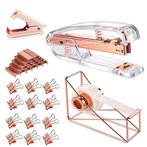 Rose Gold Office Supplies Set Stapler, Tape Dispenser, Staple Remover