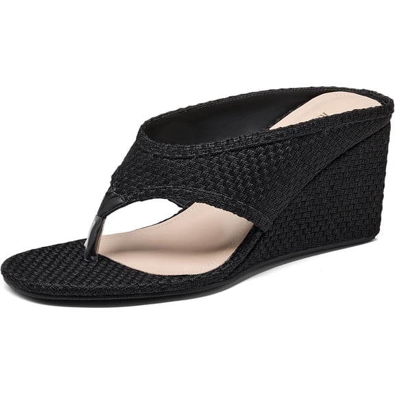 ReneChristine Women's Wedges Fabric Heels Slip on Flip-Flops Comfy Party Dress Sandals Round Toe for Women 3.2" Heels Shoes Black Size 5 Fabric