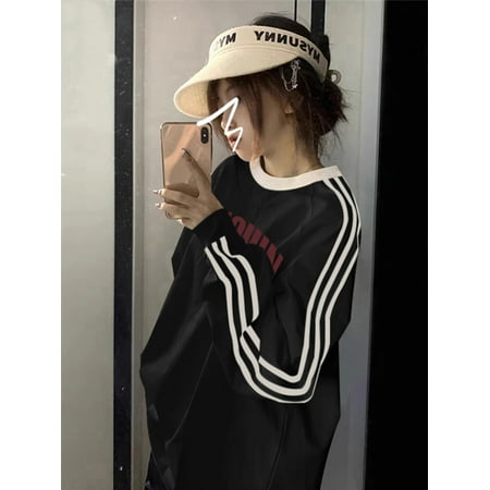 Crewneck Stripe Contrast Color Sweatshirt Women‘s 2024 Spring and Autumn Thin Small Loose American Style Fashionable Long-sleeved Hooded Top