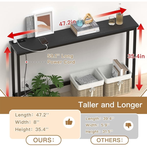 35'' High Behind Couch Table, Narrow Console Table with Outlet, Sofa Table for Entryway Hallway, Living Room, Black