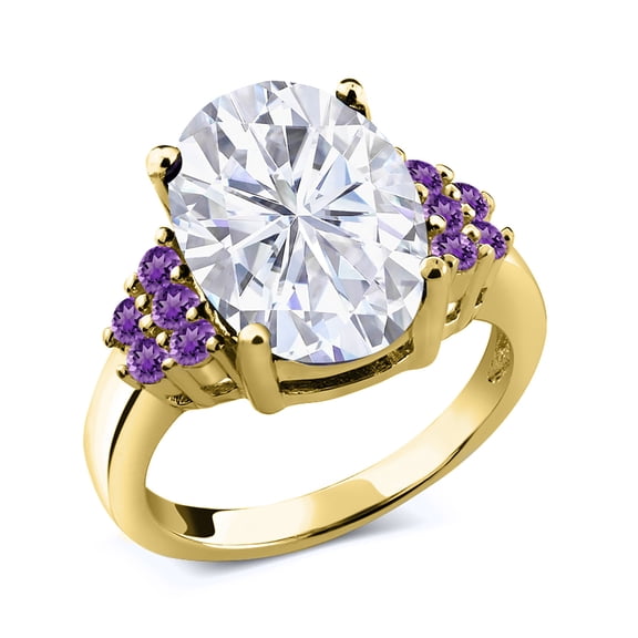 Gem Stone King 18K Yellow Gold Plated Silver Purple Amethyst Ring Set with Moissanite (5.39 Cttw) (Size 8)