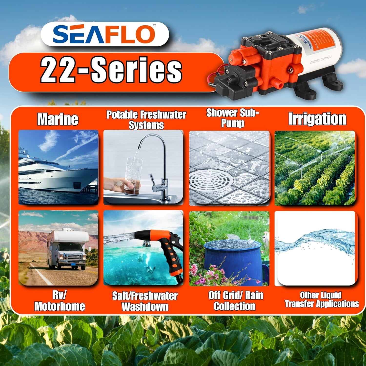 SEAFLO 22-Series 12V Water Pump – 1.3 GPM, 100 PSI | On-Demand Diaphragm Pump for RV, Marine, Agriculture & Off-Grid Use
