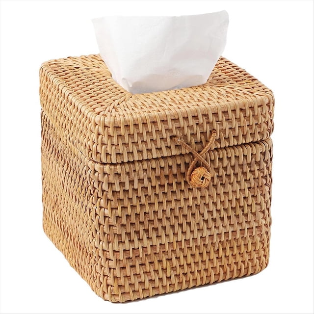 Cubierta Cuadrada para Caja de Pañuelos de Ratán, Soporte para Pañuelos Faciales de Mimbre Tejido A Mano con Tapa Abatible, para Baño, Oficina y Hogar