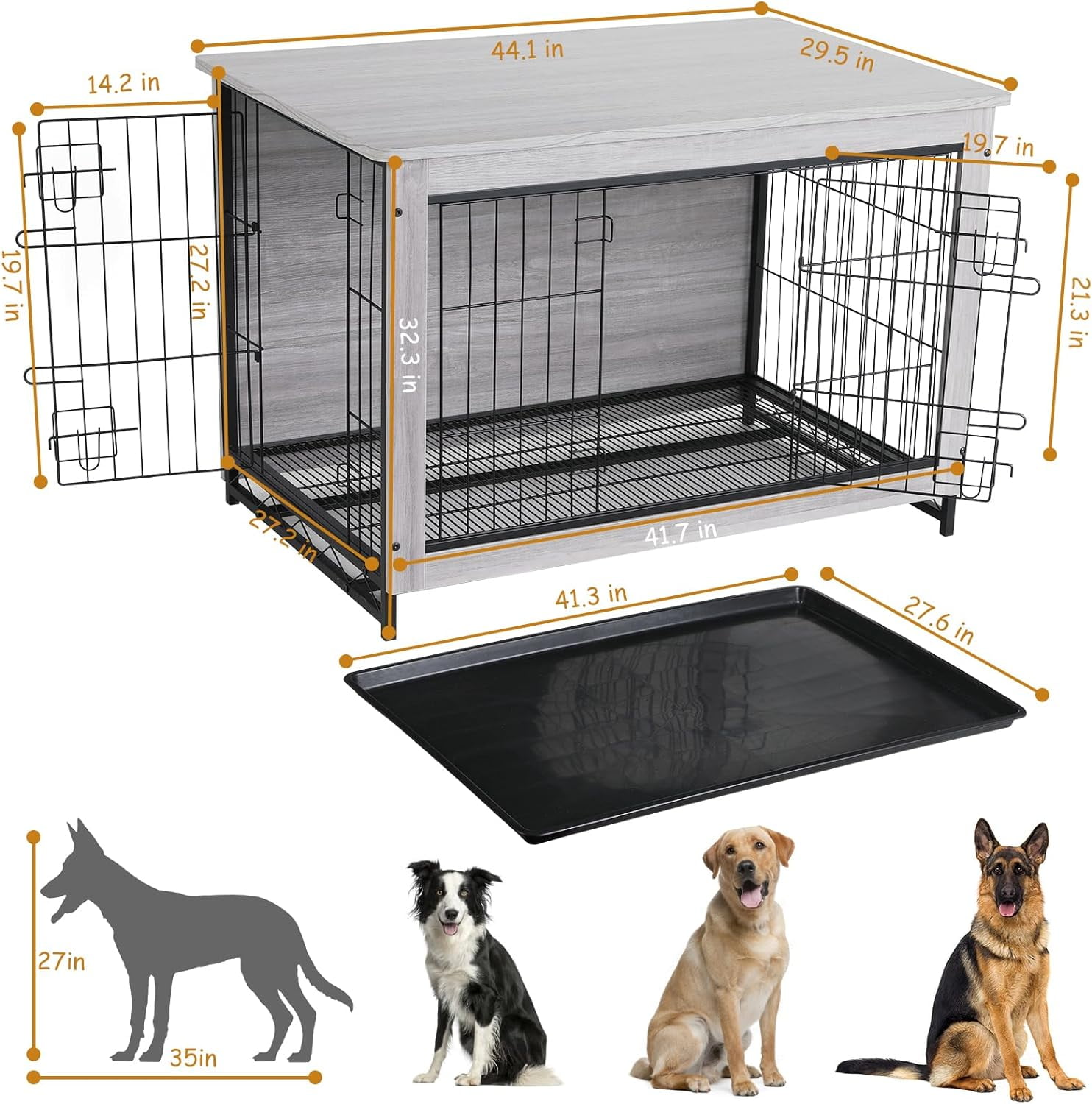 LAZY BUDDY Dog Crate Furniture, Large Dog Kennel Wooden Pet Furniture with Pull-Out Tray, Double Doors, 44.1 "L x 29.5 "W x 32.3 "H (Gray)