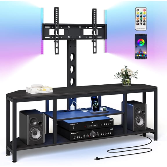 Corner TV Stand Entertainment Center for 32-65" TVs | Console with LED Lights & Power Outlet, Height Adjustable Swivel Cabinet, Open Storage, Black