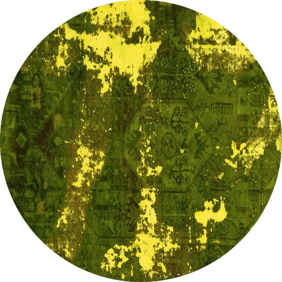 Ahgly Company Machine Washable Indoor Round Abstract Yellow Modern Area Rugs, 3' Round