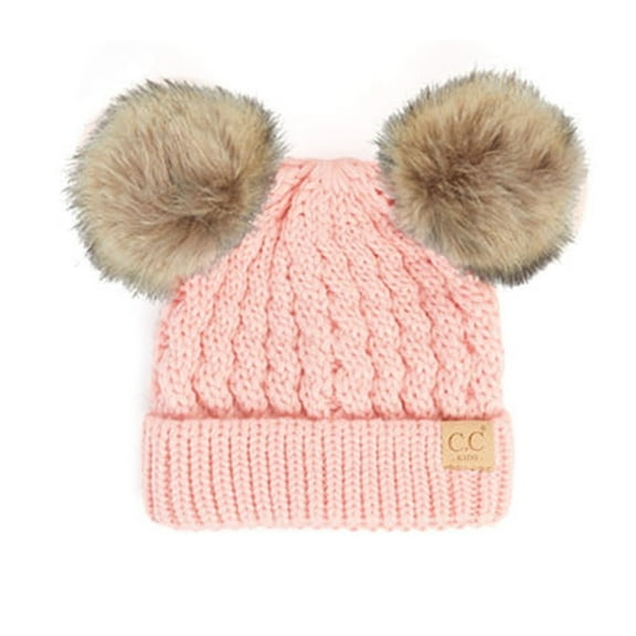 CC Kids Double Natural Pom Beanie Toddler Kids, Pale Pink Ages 1-5