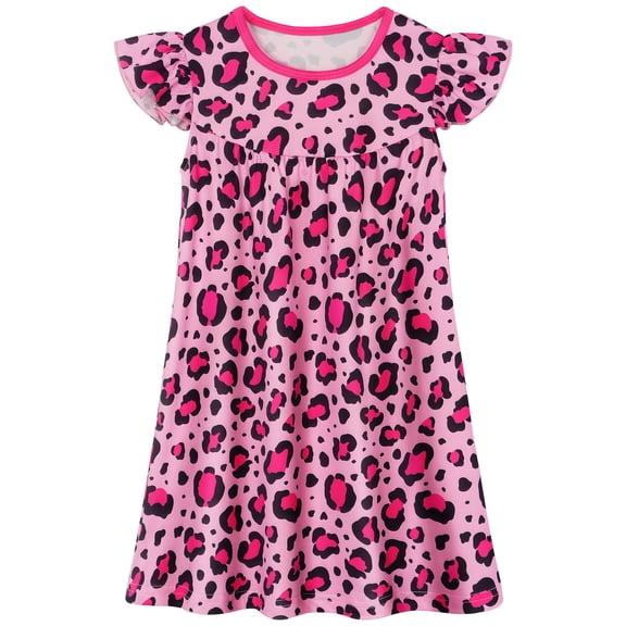 AmzBarley Girls Ruffle Sleeve Nightgown Colorful Rainbow Heart Floral Leopard Print Soft Kids Sleepwear Pajama Dress Pink 6-7 Years