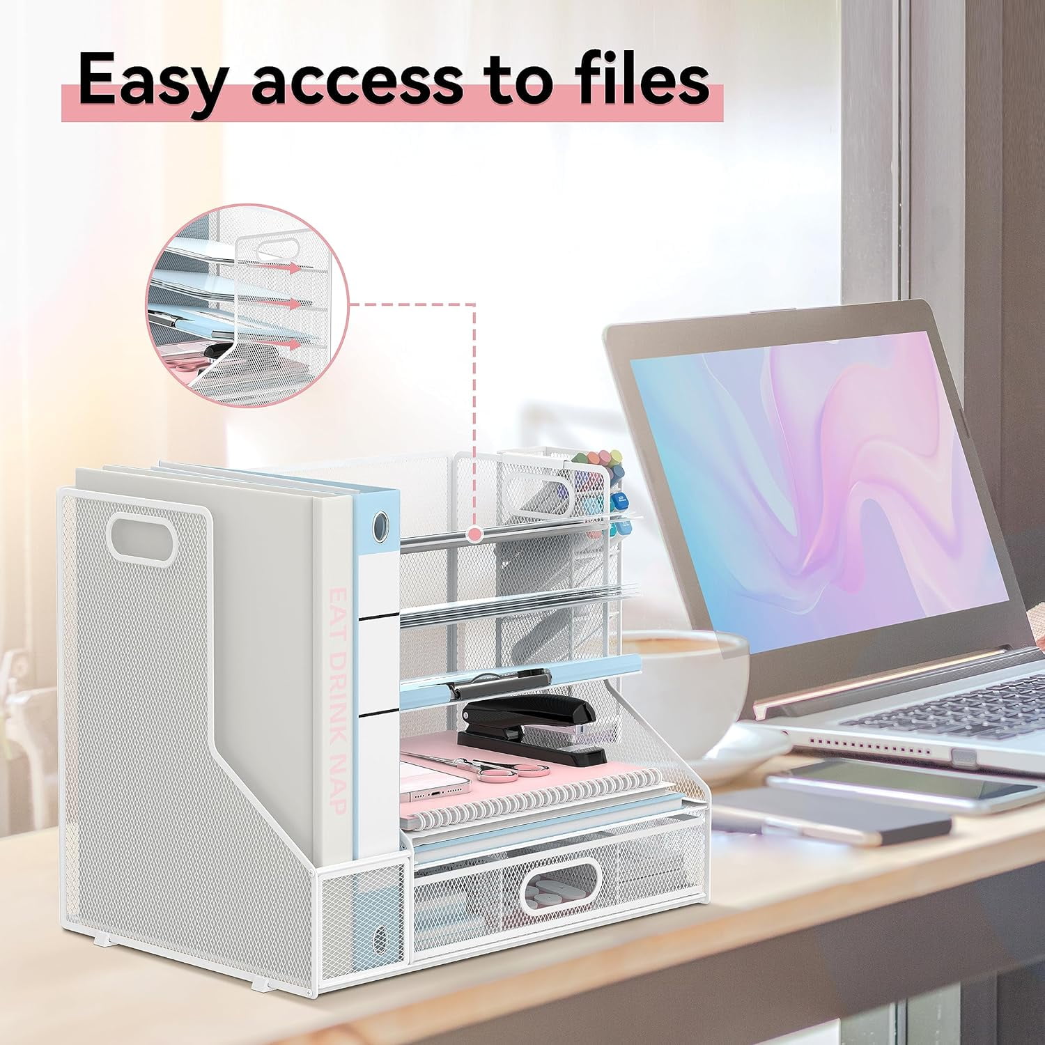 INTIGE Metal 5-Tier Desk Organizer with File Holder, Pen Holder and Drawer, File Paper Organizer,  White