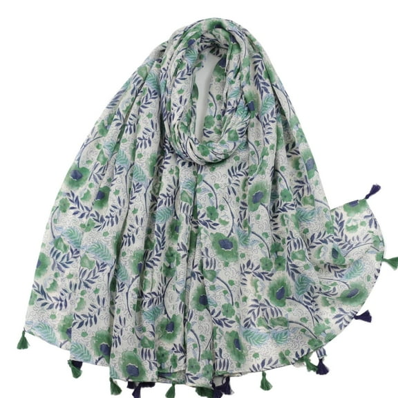 Yuanlong Winter Scarves Female Lightweight Tassel Floral Print Scarf Shawl Spring Fashion Breathable Shawls Wraps Green