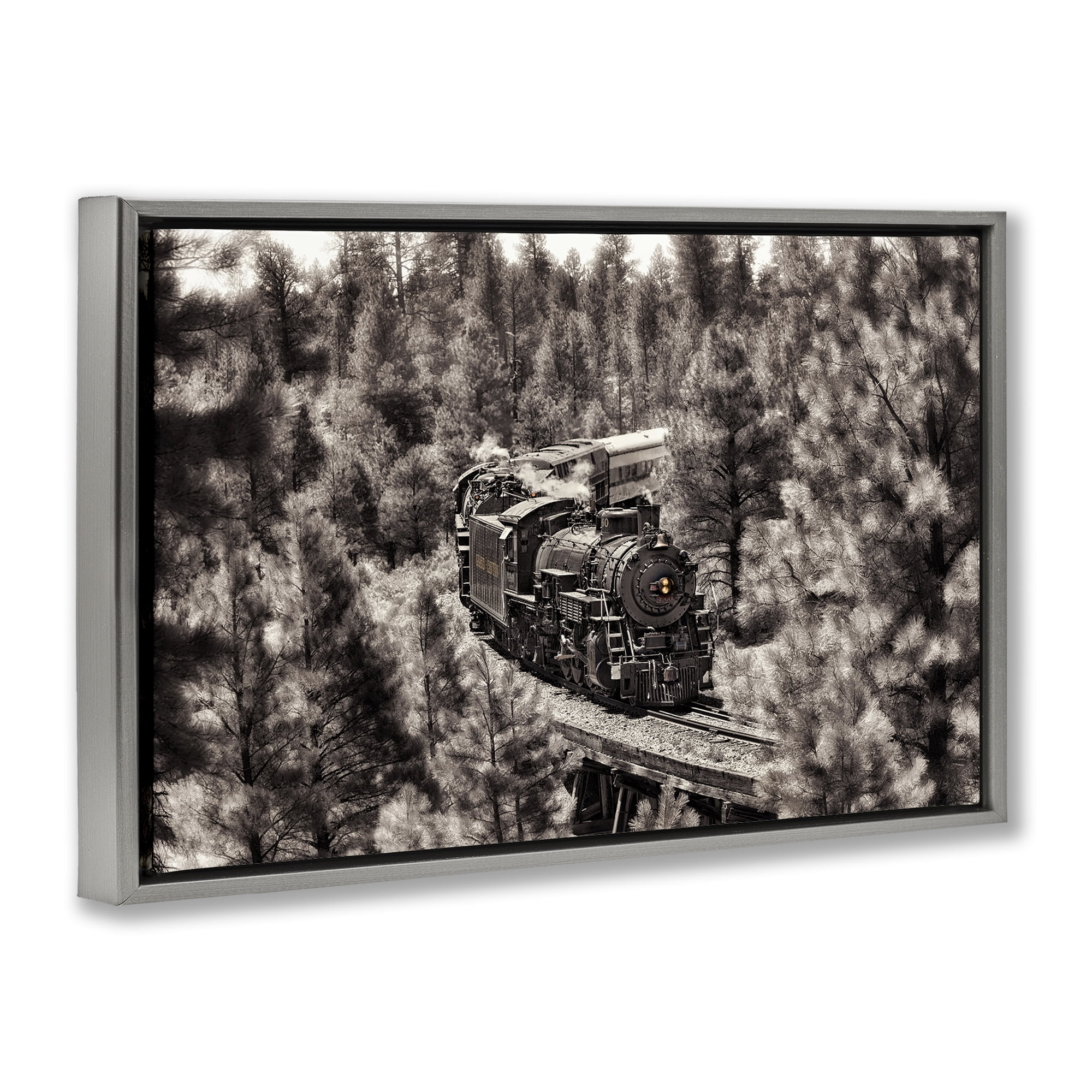 Stupell Industries Train on Curving Path Transportation Photography Gray Floater Framed Canvas Art Print Wall Art, 25 x 17