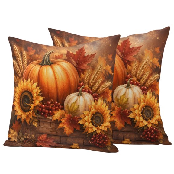 Thanksgiving Pumpkin Outdoor Waterproof Pillow Covers, Fall Maple Leaf Sunflowers Harvest Orange Decorative Square Throw Pillowcase Sofa Cushion Sham for Patio/Couch/Chair, 20"x20" 2 Pack
