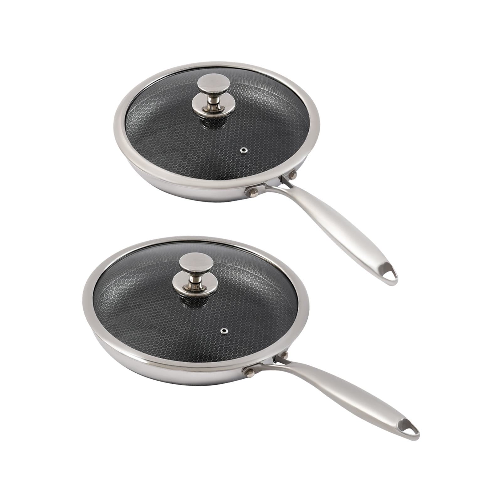 2PCS Stainless Steel Pan with Handle, Non Stick Frying Pan with Honeycomb Pattern & Lid, 10.2 + 11.8 Inch