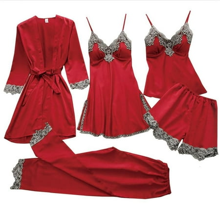 

TANGNADE Women‘s Satin Pajama Set 5Pcs Sleepwear Silky Pajama Set Lace Cami Pjs With Robe Nightwear Red M