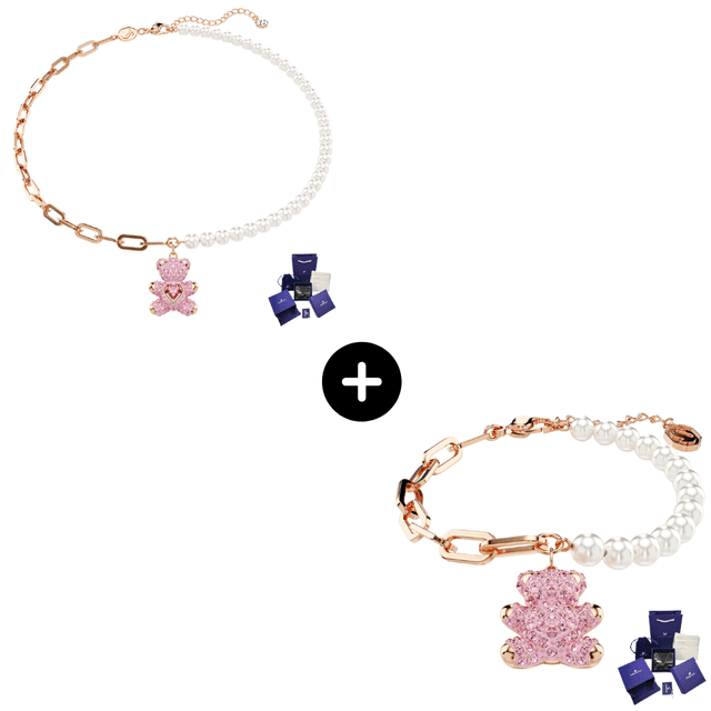 SET CONJUNTO SWAROVSKI TEDDY BEAR PERLAS COLLAR PULSERA BRAZALETE ROSA MUJER ACCESORIOS ORO ROSA 14K