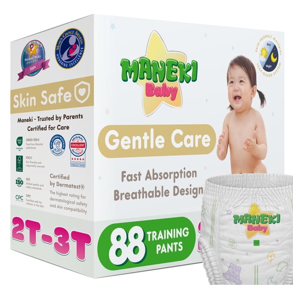 MANEKI Baby Disposable Pull Ups 2T-3T Diaper Pants Size 4 (20-31 lbs) 88 Count, Up to 12-Hour Nighttime Pull Ups Protection, Leak-Proof Training Pants, Super Absorbent, Hypoallergenic