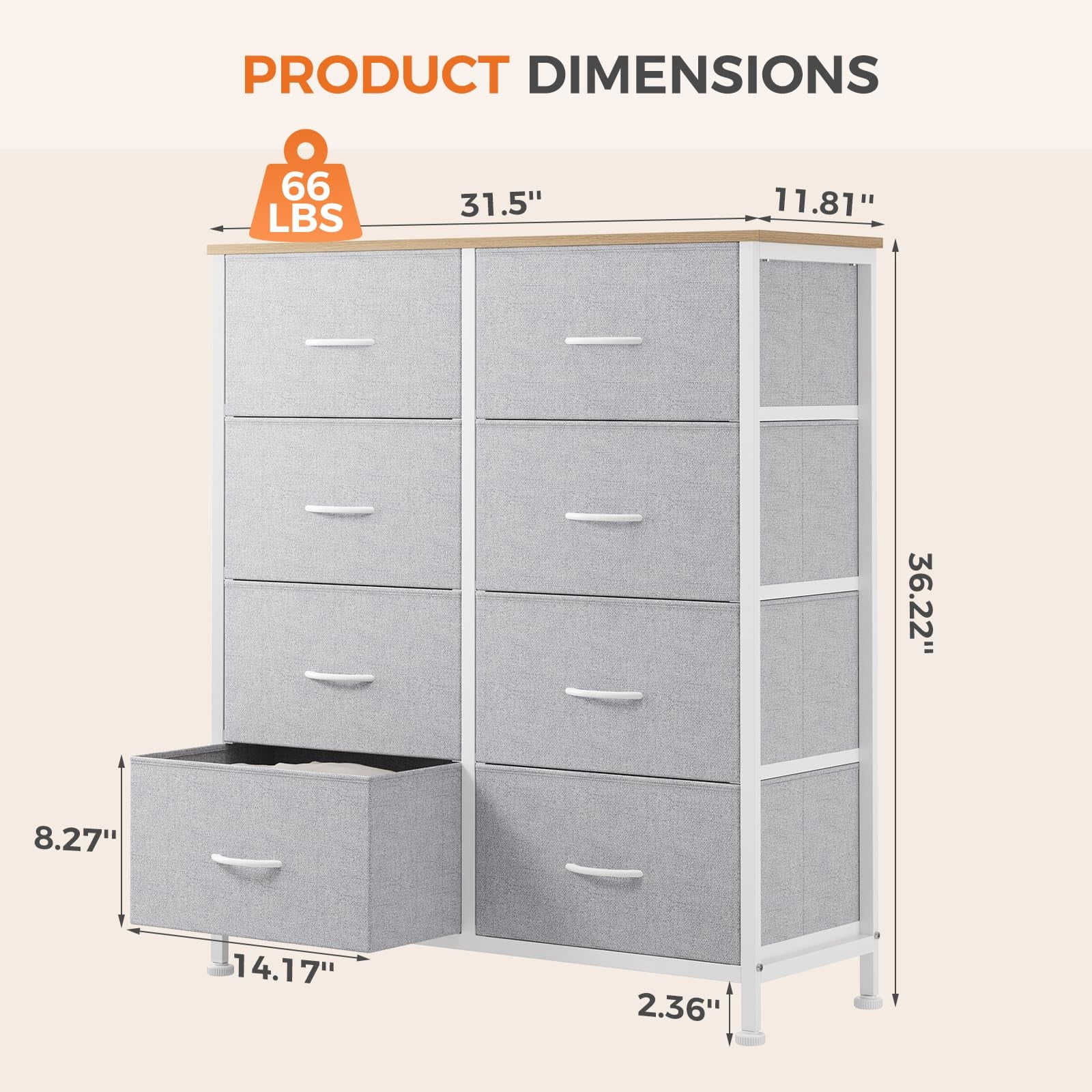Telyra 8-Drawer Fabric Dresser Tall Storage Tower with Wood Top and Steel Frame Bedroom Closet Organizer, Light Gray
