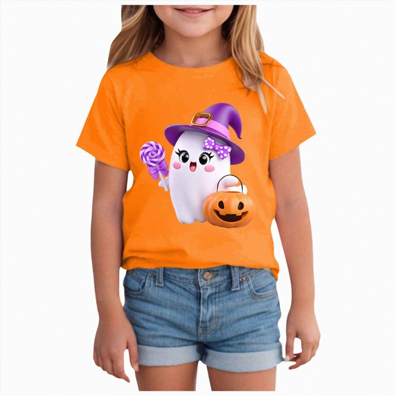 Wonitaaizi Halloween Tee Shirts for Kids Boys Girls T Shirt Style Short Sleeved Top Orange for Size 3-4 Years
