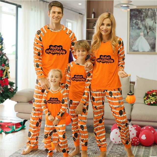 TIMIFIS Pyjamas d'Halloween pour Famille pour Femmes/hommes Ensembles Assortis de Pjs de Vacances d'Halloween 2 Pcs Combinaison de Pyjama Toile d'Araignée Fantômes Citrouille Squelette Haut et Pantalon Tenue de Maison Hiver