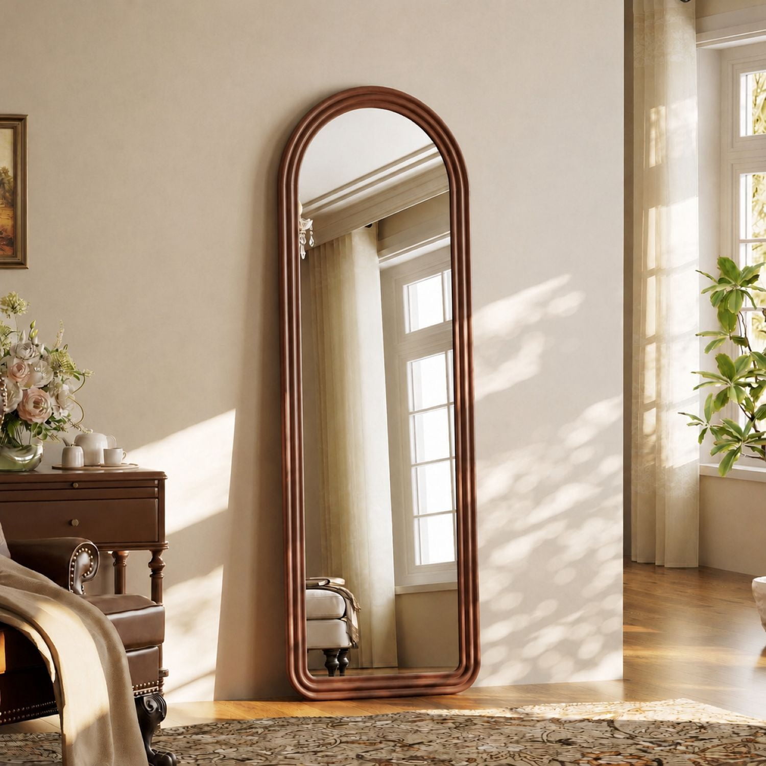 Easy4Home 65" x 24" Wooden Arched Full Length Mirror Vintage Floor Mirror, Walnut