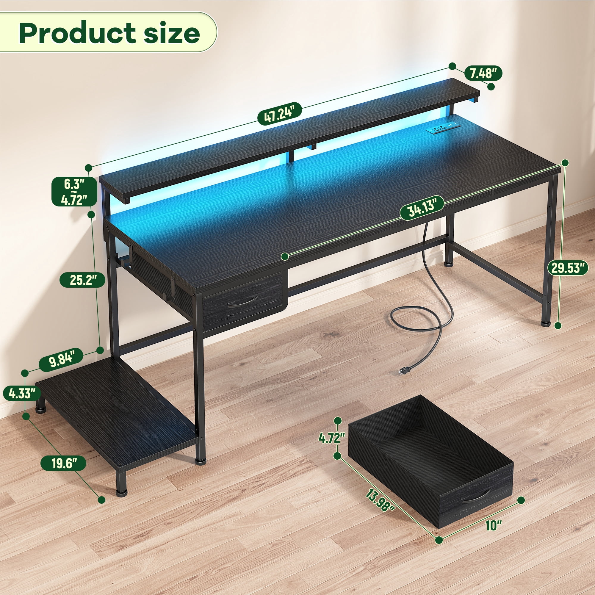 Romorgniz Gaming Desk with Power Outlet, Fabric Drawer & RGB LED Lights, Black Computer Desk with Adjustable Monitor Stand & CPU Holder for Home Office