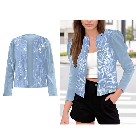 Women's Blue Sequin Jacket Women Long Sleeve Casual Sparkle Cardigan Sparkly Clothes for Women