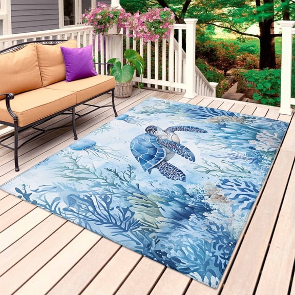 Sea Turtle Coastal Outdoor Rug for Patio/Deck/Porch, Non-Slip Large Area Rug 3 x 5 Ft, Blue Summer Beach Coral Jellyfish Indoor Outdoor Rugs Washable Area Rugs, Reversible Camping Rug Carpet Runner