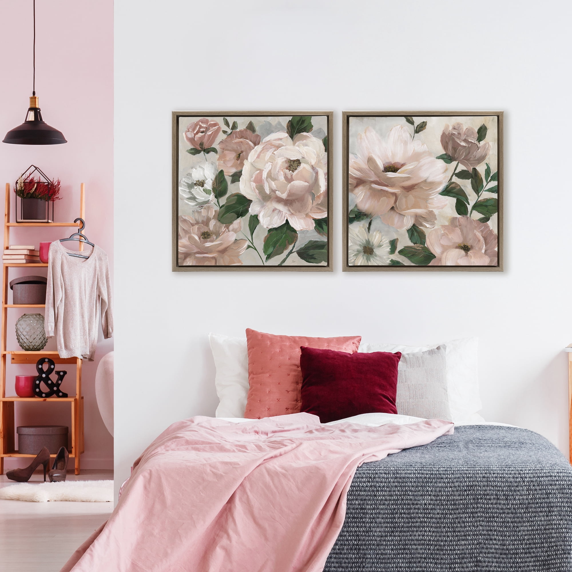 Stupell Industries Elegant Blush Peonies & Leaves 2 Piece Brown Framed Floater Canvas Set, design by Nan