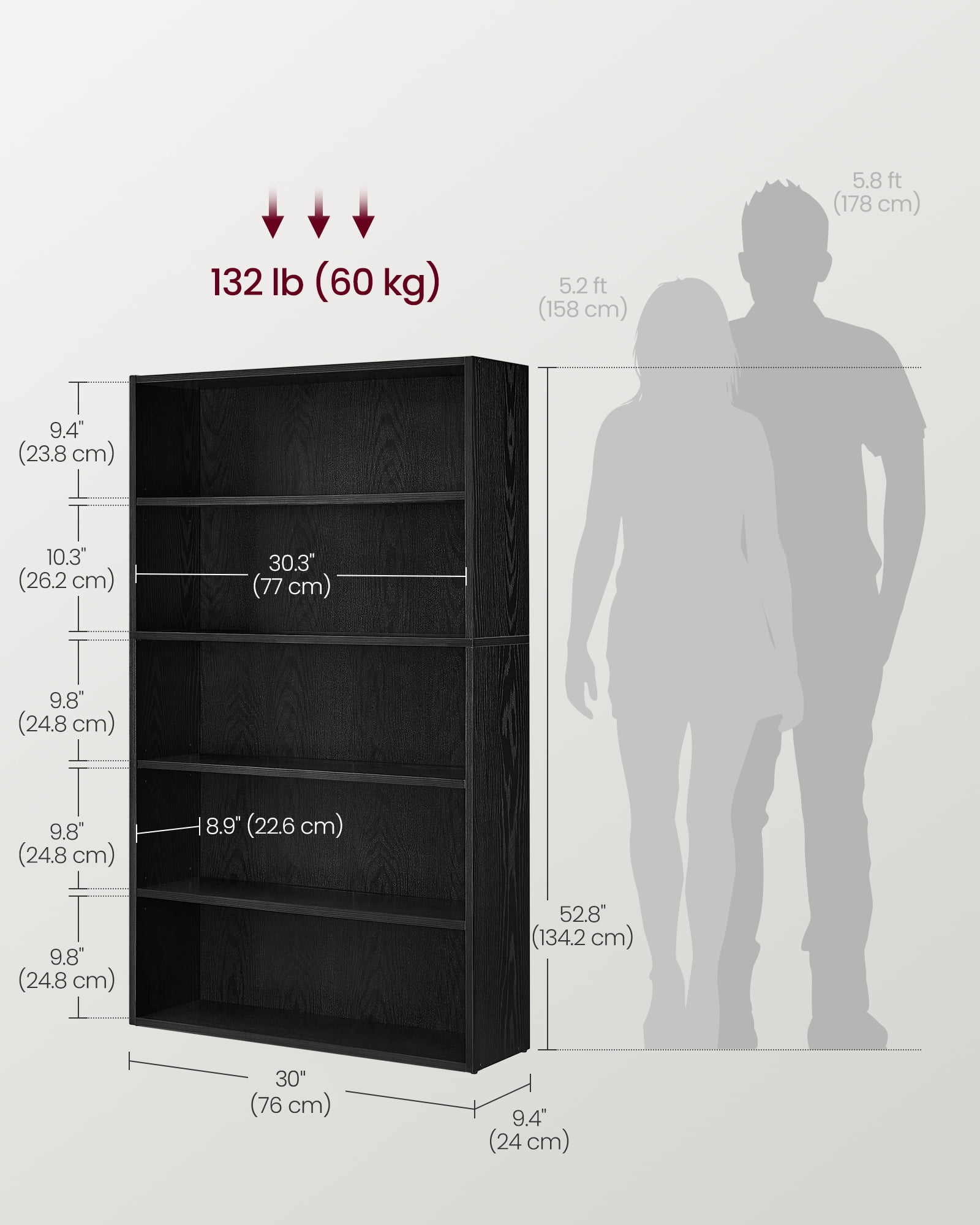 30 Inches Wide 5-Tier Open Bookshelf, Adjustable Storage Shelves, Floor Standing Bookcase, Ebony Black