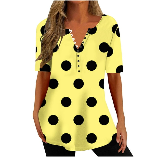 Tops Cortos para las Mujeres Impresas Blusas Botón Camiseta Manga Corta Cuello en V, Top de Moda para Primavera Verano