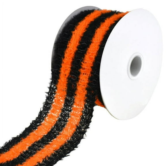 Halloween Fuzzy Stripes Wired Ribbon, 2-1/2-Inch, 10-Yard - Black/Orange