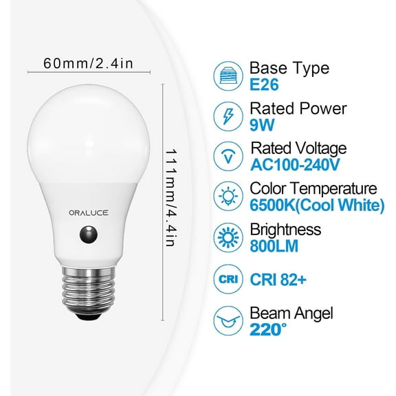 YNTVV-Dusk to Dawn LED Outdoor Light Bulb Cool White 6500K, A19 Automatic Light Bulbs for Outside 60 Watt, Auto On/Off Lightbulb E26 Base Non-dimmable, 4 Pack