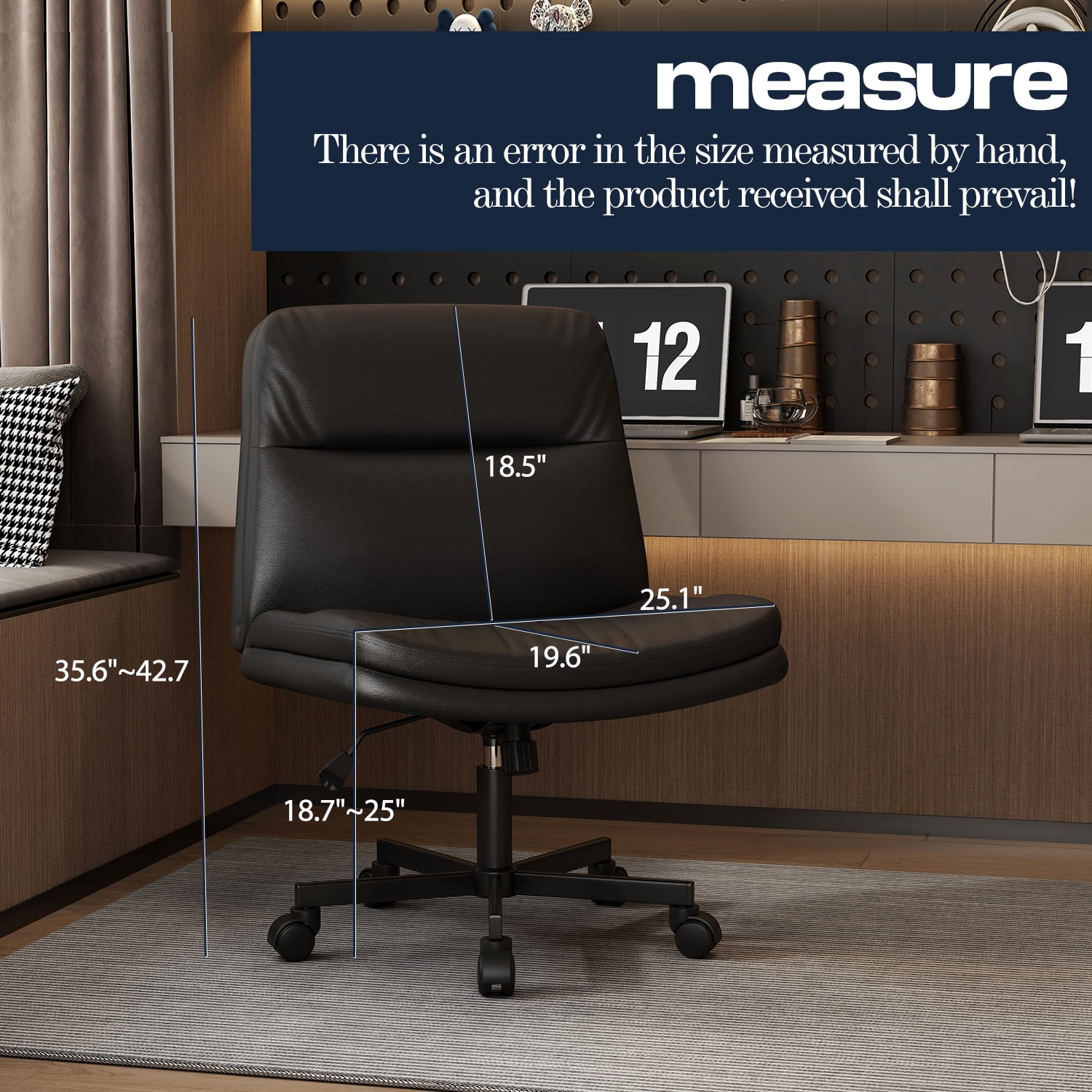 Cross Legged Office Chair, Wide Seat Ergonomic Home Office Desk Chair with Wheels Swivel Computer Chair for Vanity, Black