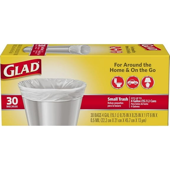 Glad Trash Bags, Small Garbage Bags - 4 Gallon White Trash Bag - 30 Count