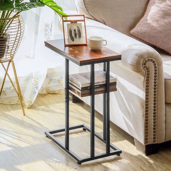 C Shaped End Table, Side Table for Couch and Bed, Small Side Table for Small Spaces, Living Room, Bedroom, Rustic Snack Table