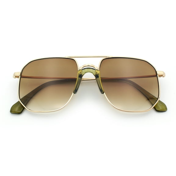 Oversized Iconic Plastic Nose Bridge Rectangle Officer Racer Sunglasses Gold Green - Brown