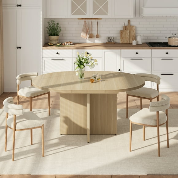 EDTara Space-Saving Extendable Dining Table, 43.3" Round Table Expands To 59" Oval With Removable Leaves for Kitchen or Living Room