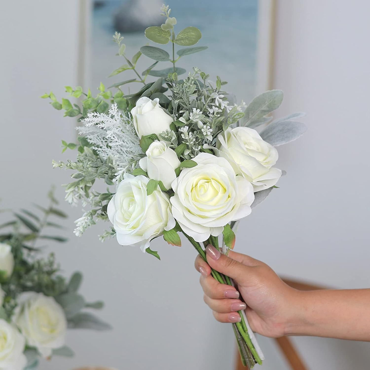TETOU 14.5*11" Fake Flowers with Vase, Artificial Silk Roses in Vase, Fake Plant Eucalyptus Flower for Home Office Farmhouse Bathroom Dining Table Centerpiece Coffee Table Decor - White