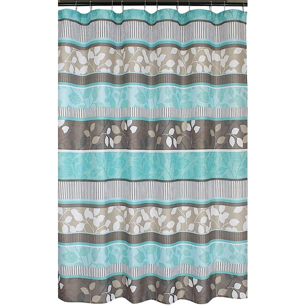 Serafina Home Aqua Blue Fabric Shower Curtain Primitive Striped Floral Design, Teal Aqua Brown
