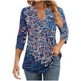 thumbnail image 2 of JTZGDY Womens 3/4 Sleeve Tops Dressy Casual Floral Printed Fall V Neck Outfit Graphic T-Shirts Trendy 2025 Basic Ruched Pleated Fall Tunic Blouse for Leggings Blue#06 M, 2 of 7
