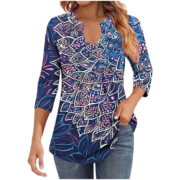Women's V-Neck T-Shirt, 3/4 Sleeve Printed Top with Ruffle Detail, Loose Fit Casual Top