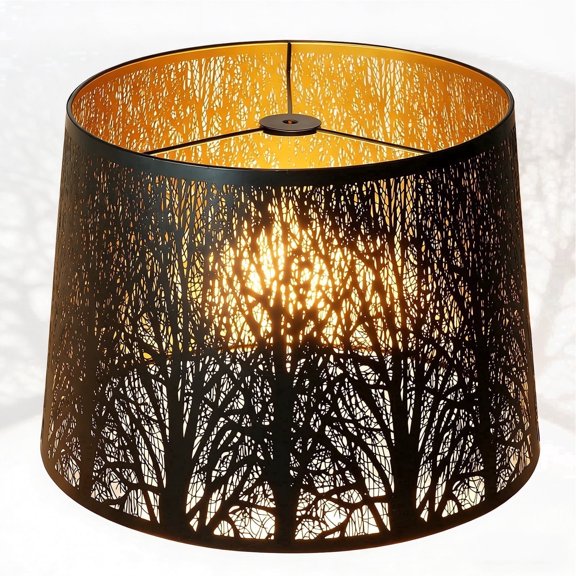 SWAIFDEE Etched Forest Drum Metal Lamp Shade, Black and Gold, 12x14x10 inch, Spider Fitter