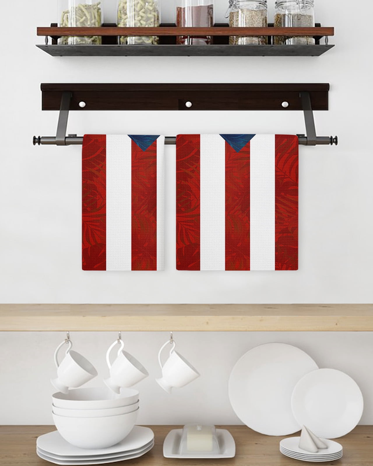 Puerto Rico Flag Kitchen Dish Towels for Drying Dishes Set of 2, Palm Leaf Botanical Red Striped Blue Star Waffle Weave Microfiber Hand Tea Bathroom Towels Quick Dry & Absorbent Towel 15.7x23.6