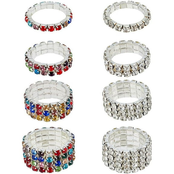 4 Style 8Pcs Rhinestone Stretch Rings Crystals Inlaid Ring Colorful Thumb Pinky Ring Fashion Crystal Stackable Finger Rings Set Diamond Elastic Ring Accessories for Women Jewelry