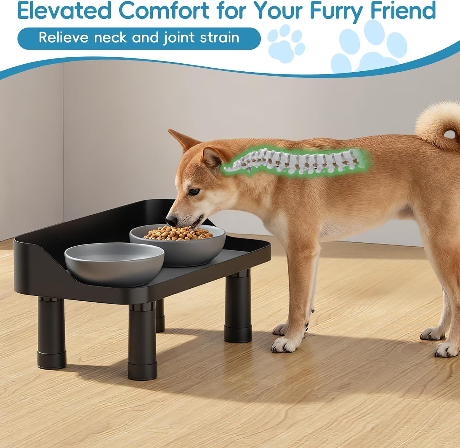Flymer Elevated Dog Food Bowl Stand - Adjuastable Raised Dog Feeding Station with Splash Gard 16"W Pet Cat Food Table for Large Dogs